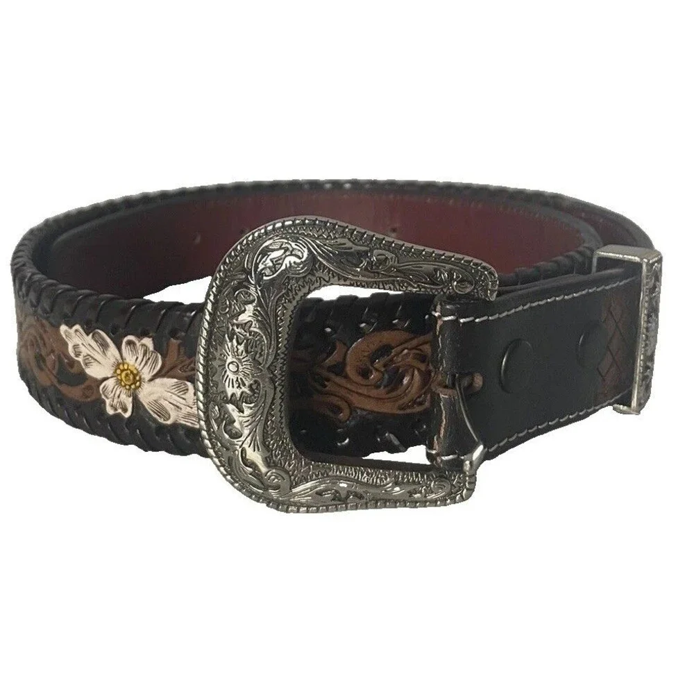 Western Vintage Tooled Leather Belt Hippie Flowers Total 43 Inch Length Concert